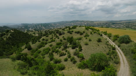 Hügeliges-Landschaftsgebiet-Mit-Landstraße-Am-Echo-Aussichtspunkt,-Naturschutzgebiet-Vashlovani,-Republik-Georgien,-Antenne