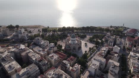 Aerial-high-view-of-Holy-Church-of-Saint-Andrew,-Famous-Waterfront-Cathedral,-Patras