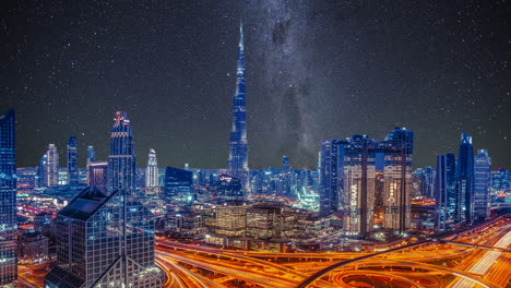 Dubai-by-night,-sky-replacement-effect,-stars,-skyline,-cityscape-view,-modern-architecture,-skyscrapers
