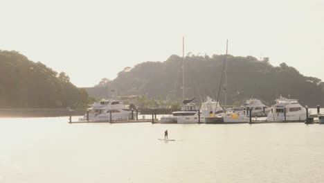 A-paddleboarder-enjoying-his-morning-exercise-routine-paddling-past-moored-yachts-at-the-Panama-Bay,-the-beautiful-morning-sun-reflecting-off-the-calm-water,-Panama-City