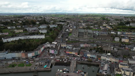 Aerial-View-of-Cobh-Town-and-Seaport-in-Republic-of-Ireland-on-Cloudy-Autumn-Day-Drone-Shot