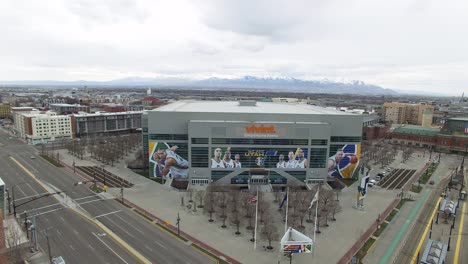 Aerial-view-of-Vivint-Arena,-home-of-the-Utah-Jazz-basketball-team