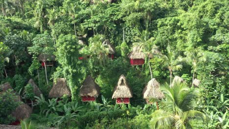 Dominican-picturesque-Tree-House-Village-in-lush-vegetation,-Dominican-Republic