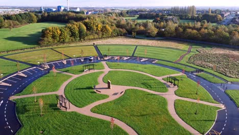 Modern-circular-cemetery-pathway-design-aerial-view-artistic-garden-of-rest-flyover