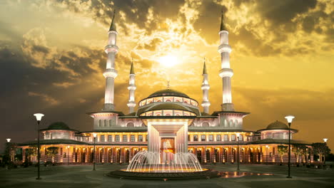 Moschee,-Muslim,-Arabisch,-Nahöstliche-Architektur,-Religion,-Islam,-Islamisches-Modernes-Gebäude,-Kuppel,-Minarett,-Dubai-Denkmal,-Heilige-Moschee,-Wolken,-Sonnenuntergang-Zeitraffer-Himmel-Ersatzeffekt