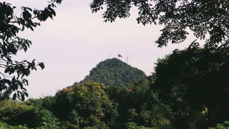 Huge-flag-of-Panama-on-top-of-famous-Ancon-Hill-in-Panama's-Capital-City-in-a-beautiful-sunny-summer-morning,-viewed-from-a-dense-rich-green-vegetation-portraying-the-inmense-biodiversity-it-has