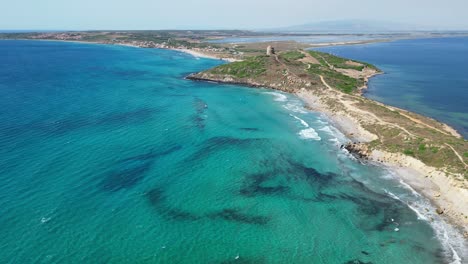 Long-White-Capo-San-Marco-Beach-in-San-Giovanni-di-Sinis,-Sardinia,-Italy---4k-Aerial