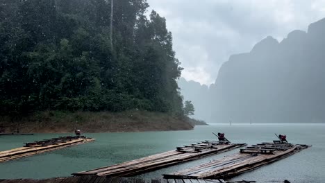 Bamboo-Rafts-On-Rainy-Day-In-Tropical-Of-Khao-Sok-National-Park-In-Southern-Thailand