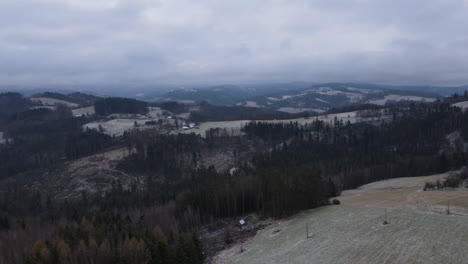 Fliegen-über-Die-Landschaft-über-Die-Bäume-Und-Den-Blick-Auf-Das-Umliegende-Dorf-Während-Des-Beginnenden-Schneefalls