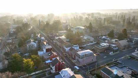 Aerial-establishing-shot-of-historic-small-town-in-USA