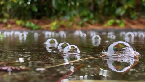 A-puddle-of-clear-rainwater-and-slowly-floating-rain-bubbles