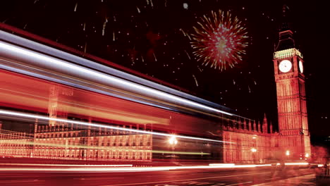 Big-Ben-Clock-By-Night,-London,-Uk,-Europa,-Britischer-Turm,-Architektur,-Berühmtes-Historisches-Nationaldenkmal,-Nächtlicher-Feuerwerkshimmelersatzeffekt,-Internationale-Attraktion,-Stadtbild,-Langzeitbelichtung