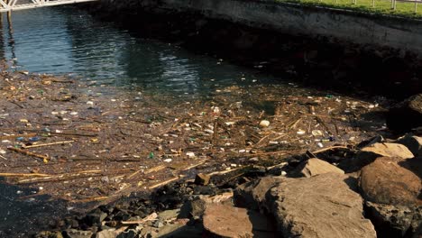 Debris,-wood-and-plastic-trash-floating-in-the-coast-brought-by-ocean-current-displays-the-pollution-and-contaminantion-of-the-oceans,-rivers-and-beaches-caused-by-poor-waste-management