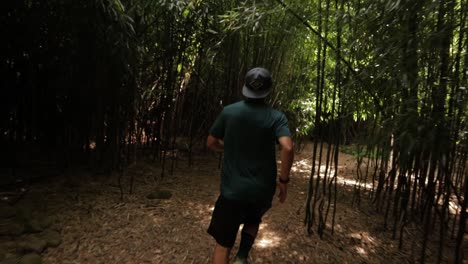 Junger-Mann-Teenager-Läuft-Durch-Einen-Bambuswald-Mit-Sonneneruptionen