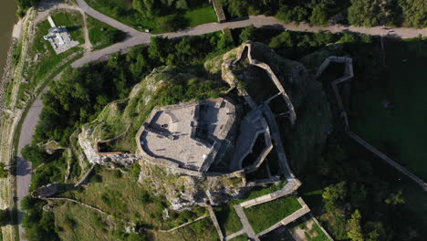 Cinematic-downward-angle-drone-shot-of-the-Hrad-Devin-castle-in-Slovakia