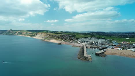 Bridport-Harbour-at-West-Bay,-Dorset-in-England---Aerial-Orbit-Establisher