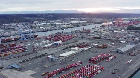 Panoramic-View-Of-Port-Of-Tacoma-At-Sunset---aerial-drone-shot
