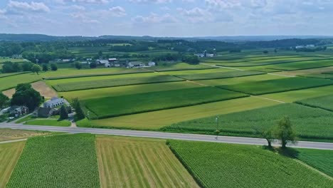 An-Aerial-Traveling-View-of-Corn-Fields-and-Harvesting-Crops,-with-Patches-of-Color-on-a-Beautiful-Summer-Day