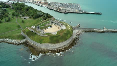 Nothe-Fort---Weymouth's-Historic-Sea-Fort-on-the-Jurassic-Coast---aerial-drone-shot