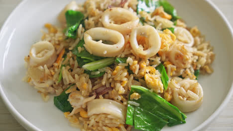 Fried-rice-with-squid-or-octopus---stir-fried-rice-with-squid,-egg-and-kale
