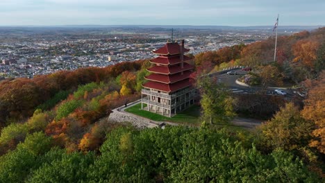 Aerial-orbit-of-The-Pagoda-in-Reading-Pennsylvania-USA