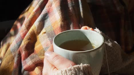 Top-view-of-a-woman-hand-holding-a-steamy-herbal-tea-mug-in-a-cosy-interior-environment-with-tartan-plaid