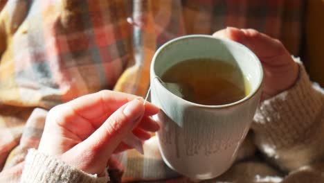 Woman-hand-holding-a-steamy-herbal-tea-mug-in-a-cosy-interior-environment-with-tartan-plaid