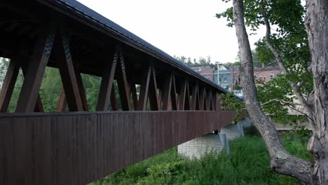 An-exterior,-angled-shot-of-a-covered-bridge-which-leads-to-buildings-as-a-tree-sits-in-the-foreground