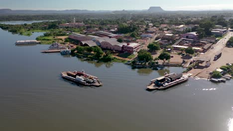 aerial-view-of-the-port-with-car-and-truck-ferry-and-the-"tocatins"-river,-in-the-city-of-Carolina,-state-of-Maranhão,-Brazil