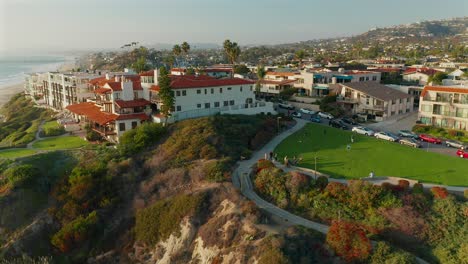 Aerial-view-of-Calafia-beach-park-and-housing-in-San-Clemente,-California