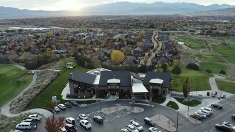 Golf-Course-Clubhouse-Venue-Building-with-Beautiful-Sunset-Background-in-Utah---Aerial
