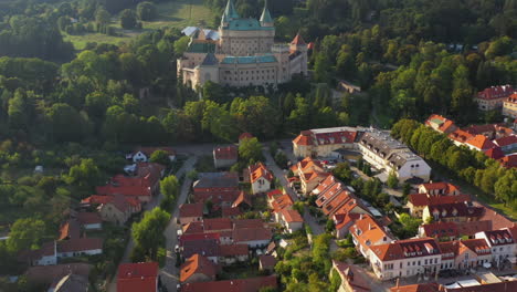 Revealing-drone-shot-descending-of-the-Castle-of-Spirits-or-Bojnice-Castle-in-Slovakia