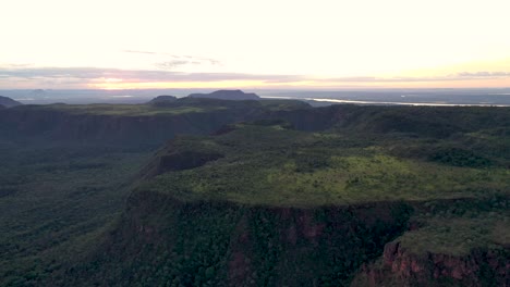 Dawn-aerial-view-of-cerrado-ecosystems-and-sedimentary-sandstone-rock-formations-in-Chapada-das-Mesas,-Philadelphia,-Tocantins,-Northeast-Brazil