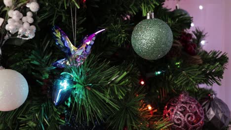 Christmas-tree-and-beautiful-ornaments.-Panning.-Xmas-decorations