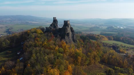 flying-around-czech-castle-ruins-Trosky-in-Bohemian-Paradise-in-sunny-autumn