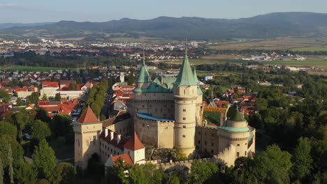 Cinematic-fly-by-drone-shot-of-the-Castle-of-Spirits-or-Bojnice-Castle-in-Slovakia