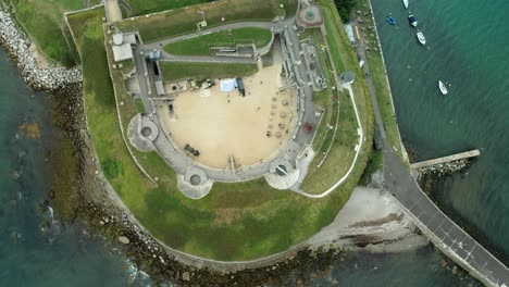 Top-Down-View-Of-Nothe-Fort-In-Weymouth,-Dorset,-England---aerial-drone-shot