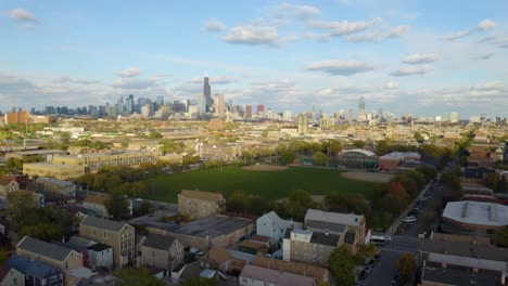 Aerial-Pullback-Reveals-Pilsen,-Chicago's-Mexican-Neighborhood-on-Fall-Day