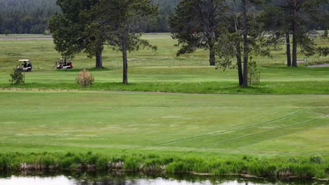 Golf-Carts-Driving-Around-Lush-Green-Field-At-The-Golf-Course-On-A-Fine-Weather