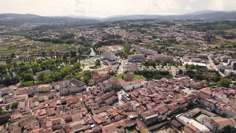 Aerial-panoramic-circling-wide-view-over-Chaves-city-in-Portugal