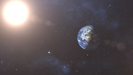 Die-Erde-Und-Die-Sonne-Leuchten-Hell-Im-Sternenübersäten-Raum