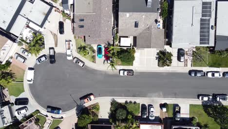 Aerial-shot-of-a-cul-de-sac-and-a-road-in-an-rich-suburban-neighborhood-on-a-sunny-day