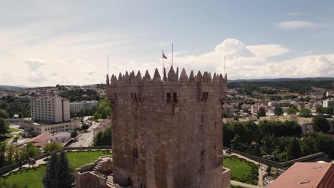 Aerial-orbiting-around-Homage-tower-of-Chaves-medieval-castle-in-Portugal