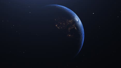 Movimiento-Animado-Del-Planeta-Tierra-En-Su-Parte-Más-Oscura-En-El-Espacio