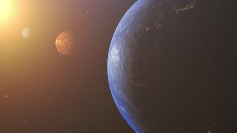 Animierter-Sonnensystemplanet-Erde-Und-Helles-Licht-Von-Der-Sonne-Im-Weltraum