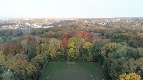 Fliegen-über-Ein-Leeres-Grün-braunes-Fußballfeld-Im-Erstaunlichen-Park---Luftverfolgungsaufnahme