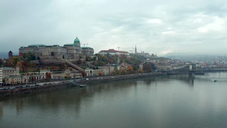 Buda-Castle-still-shot-at-river-bay-of-baroque-historical-building,-Hungary