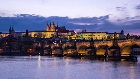 Day-to-night-sunset-timelapse-from-Prague,-Czech-Republic-with-a-view-of-Prague-Castle,-Charles-Bridge-along-with-Mala-Strana-and-Hradcany-across-the-Vltava-river