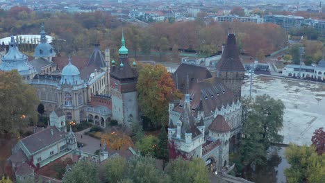 Vajdahunyad-Castle-aerial-orbital-motion-shot,-Hungary-travel-destination-attraction
