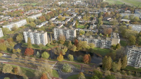 Aerial-of-high-rise-buildings-in-a-suburban-neighborhood-in-a-small-suburban-town